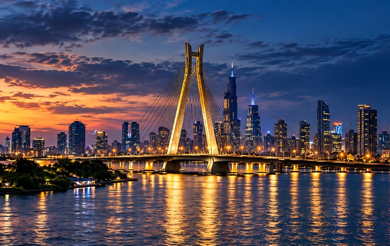 The Lekki-Ikoyi bridge and the Lagos skyline lit at dusk